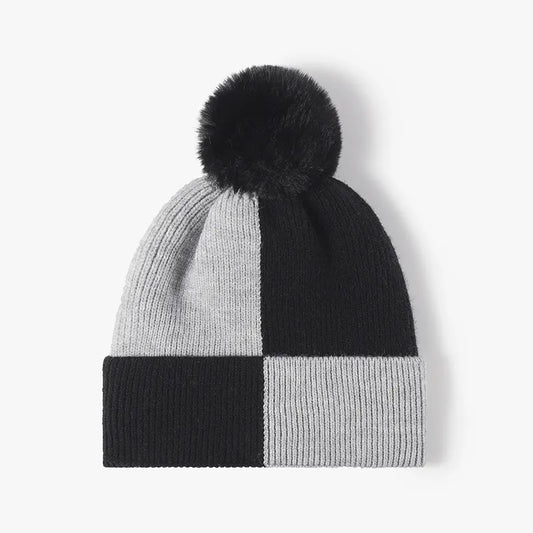 Playful Color Block Knit Hat with Pom-pom