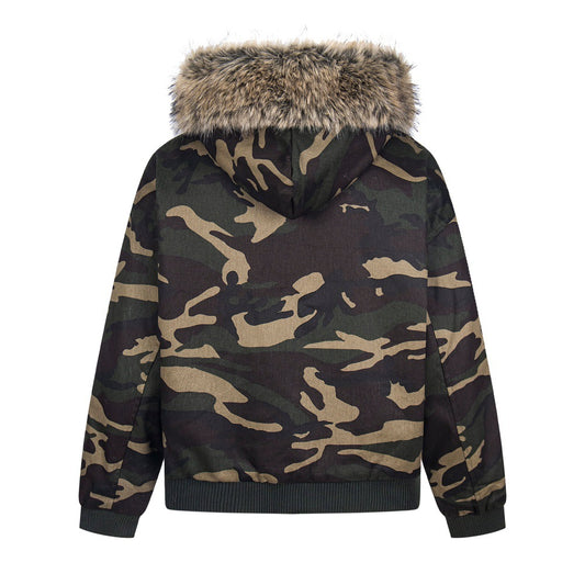Camouflage Fur Collar Hooded Sweatshirt Cotton Jacket