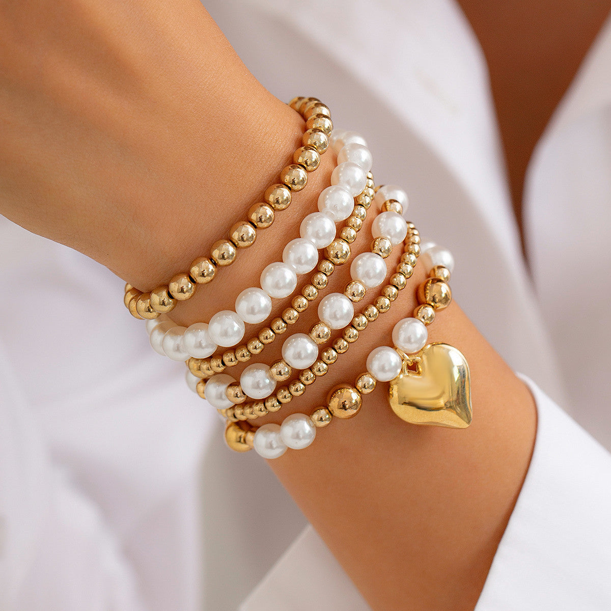 Harajuku-Inspired Pearl Bead & Heart Bracelet Set