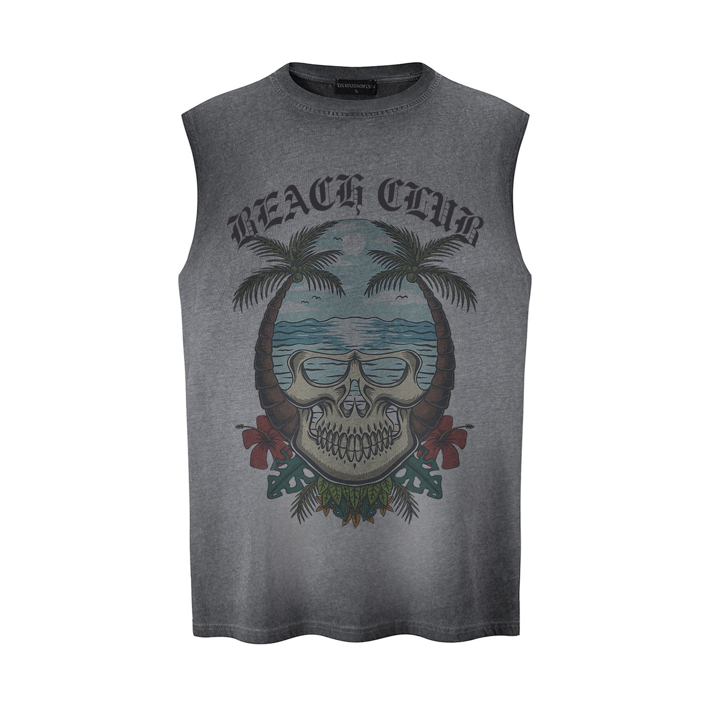 Beach Skeleton Printed Tank Top — Harajuku Style Loose Cotton Blend Tank (Purple, Grey)