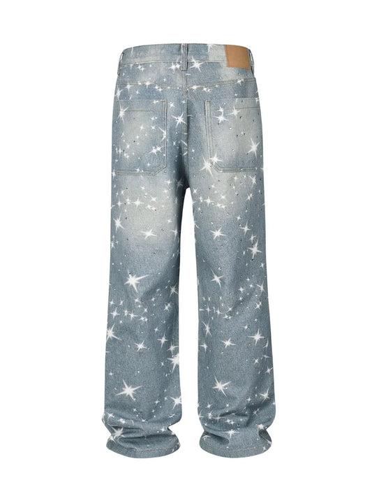Washed Rhinestone Star Print Jeans - Harajuku Style
