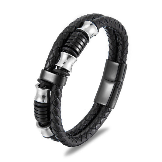 Bold Black Leather & Stainless Steel Men's Bracelet
