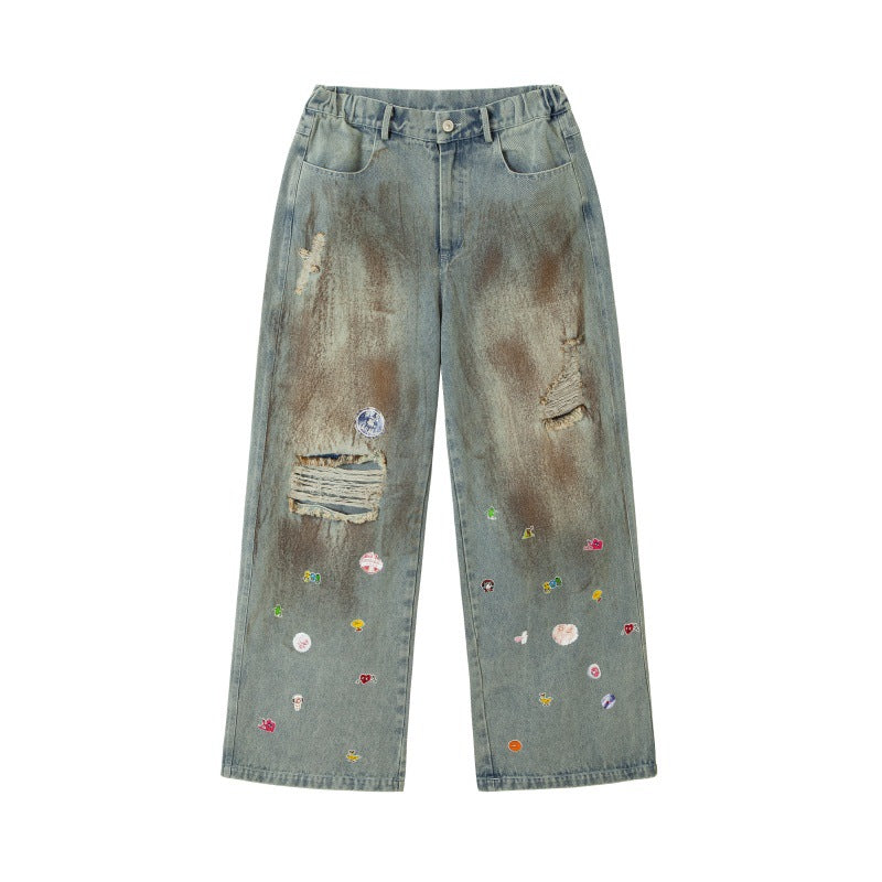 Vintage Distressed Splashed Ink Ripped Jeans