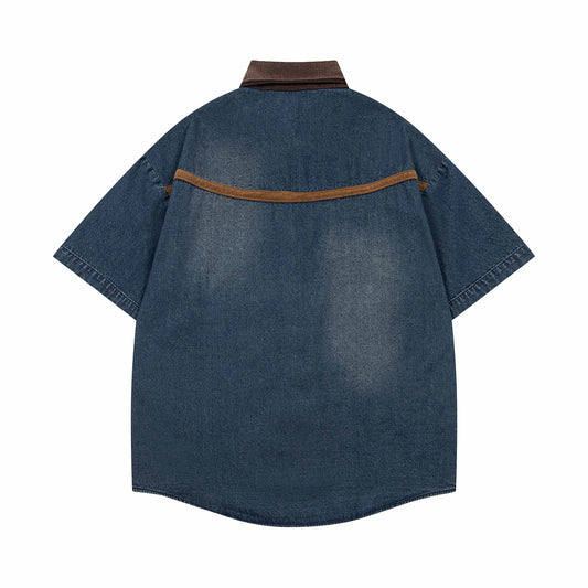 Retro Colorblock Cartoon Embroidery Denim Shirt - Unisex