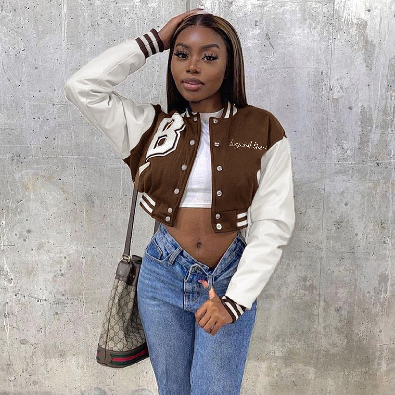 Harajuku Color Block Print Leather Sleeve Baseball Jacket