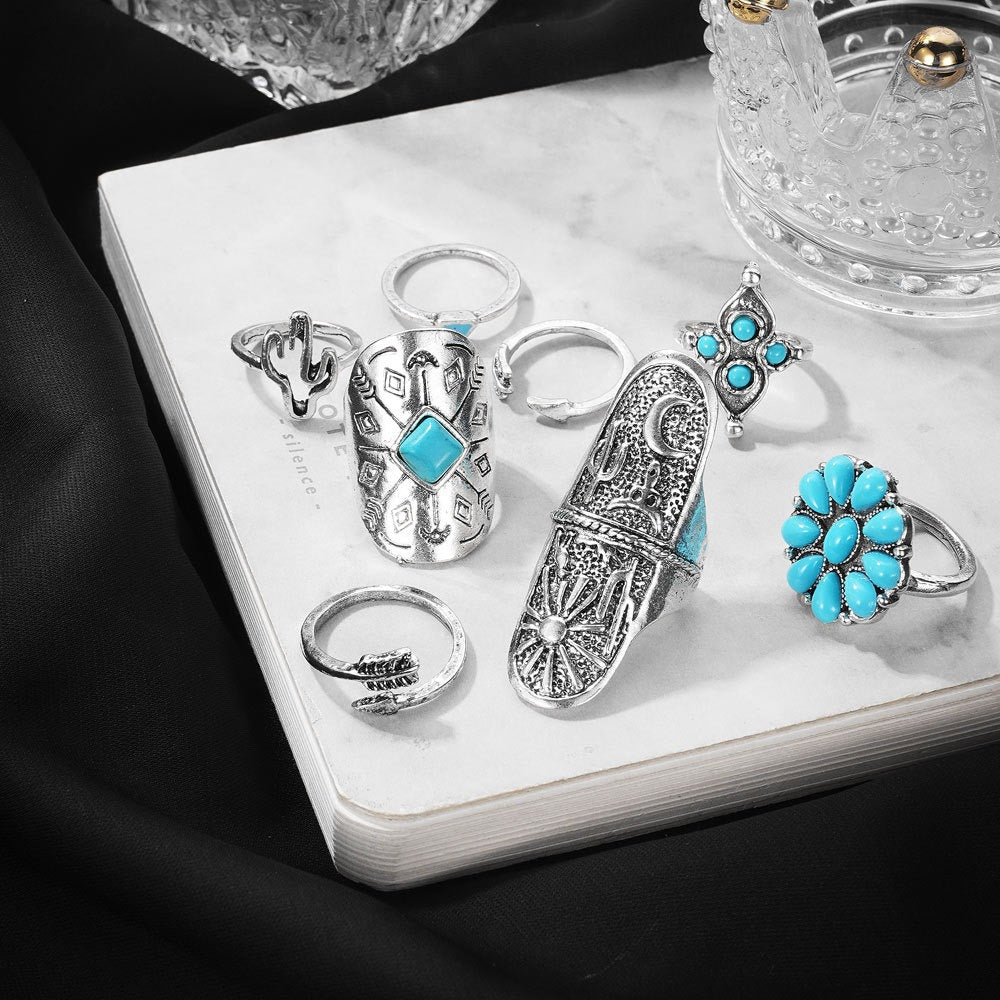Retro Carved Sapphire 9-Piece Ring Set