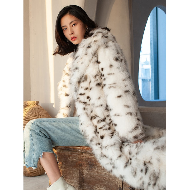 Harajuku Style Long Black Dot Leopard Print Fur Coat