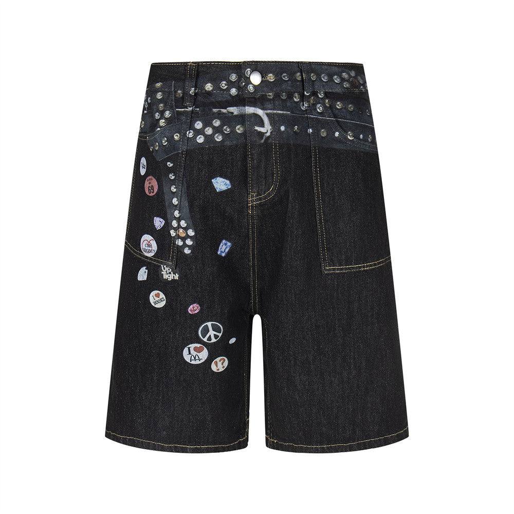 Harajuku Style Denim Rivet Design Shorts for Men