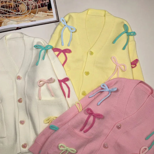 Colorful Three-Dimensional Bow Sweater Cardigan for Girls