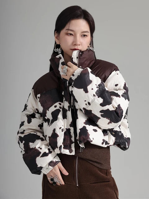 Harajuku Style Cow Pattern Cotton-Padded Coat with Stand Collar