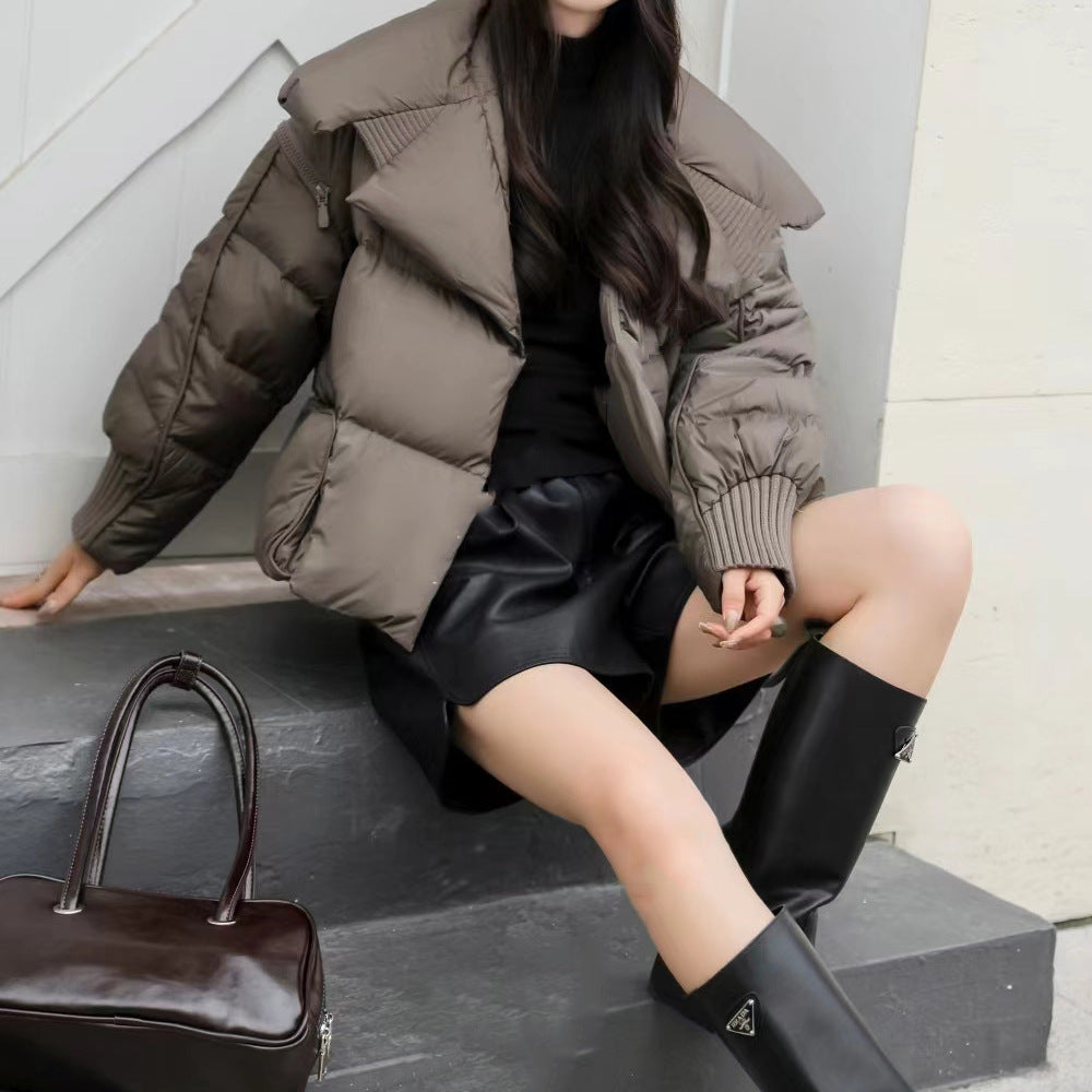 Spliced Lapel Down Jacket with Magnetic Buckle