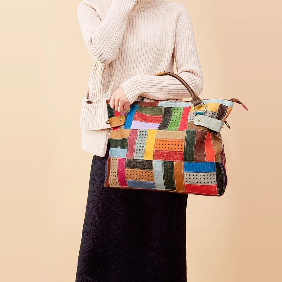 Geometric Pattern Leather Handbag - Harajuku Style