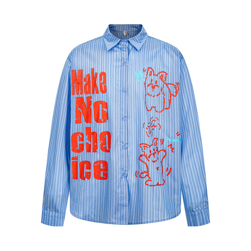 Cartoon Print Vertical Striped Long Sleeve Shirt