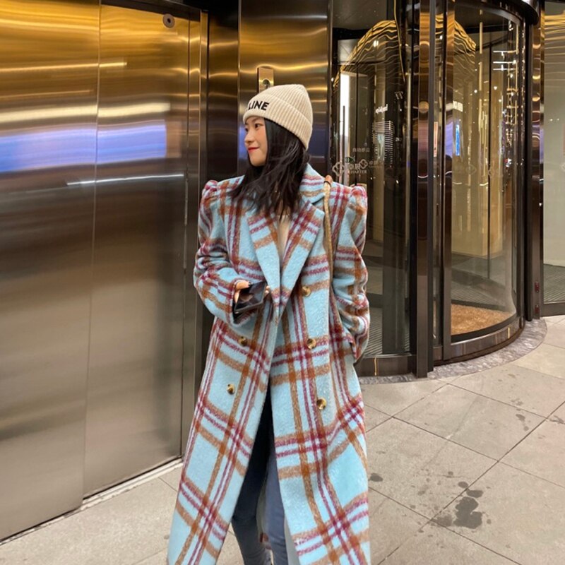 Vintage Blue Checked Loose Wool Coat with Puff Sleeves