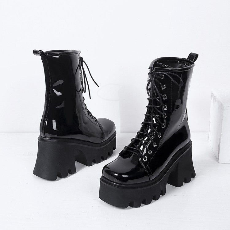 Harajuku-Inspired Thick Heel Lace-Up Short Boots
