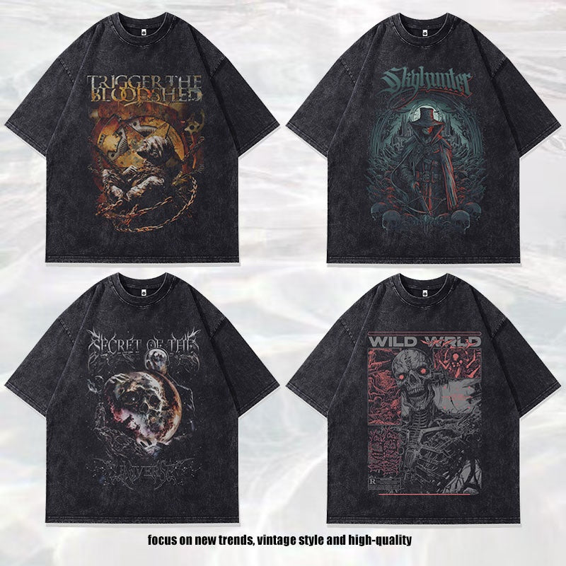 Harajuku Style Distressed Skull Print T-Shirt