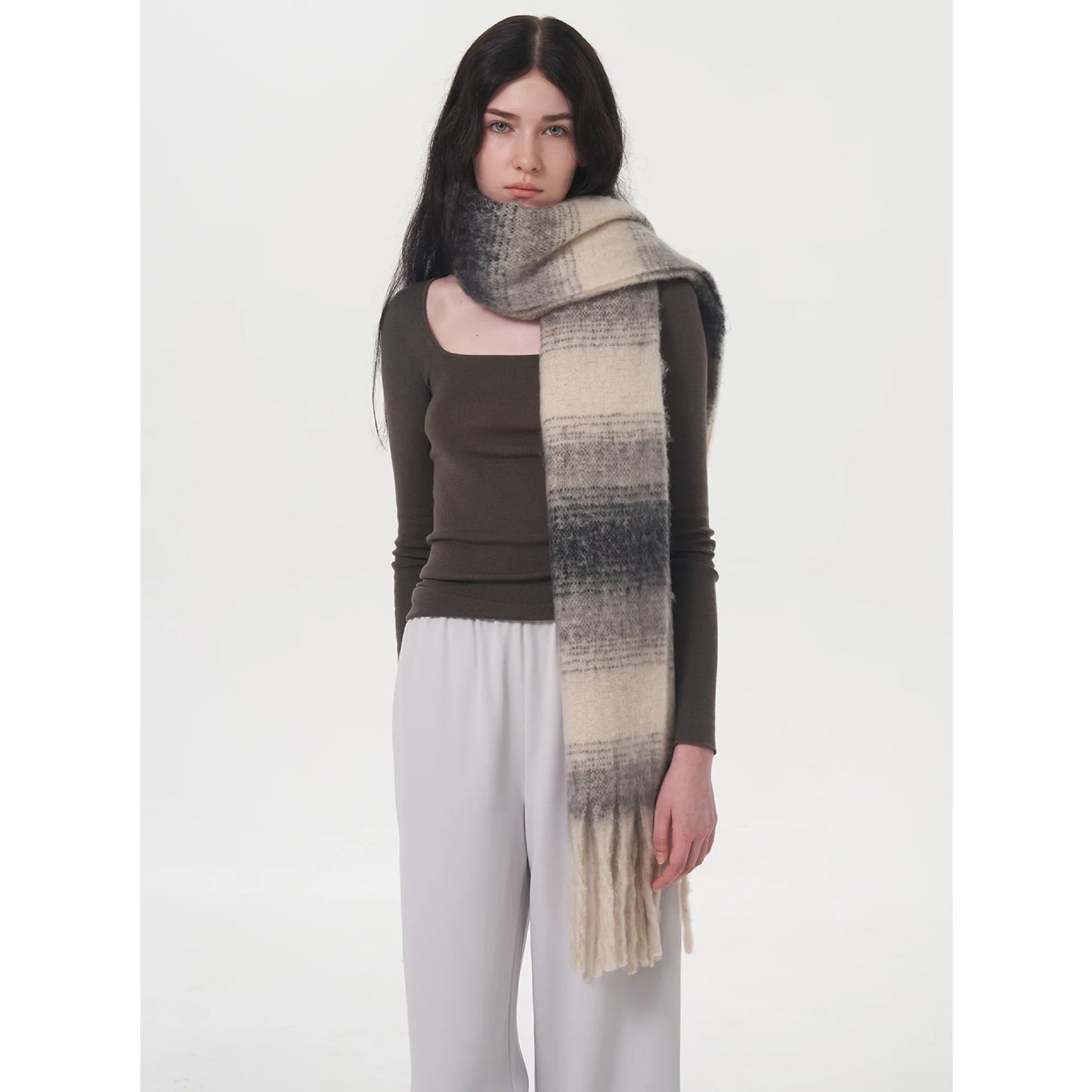 Gradient Color Block Cashmere Scarf with Tassels