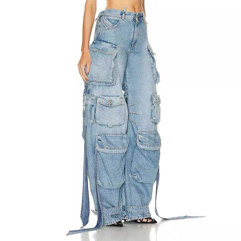 Harajuku-Style Multi Pocket Denim Pants with Decorative Straps