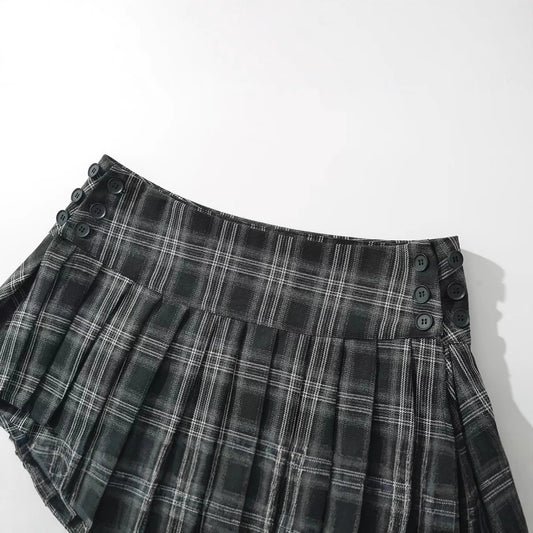 Double Button Checkered A-Line Skirt