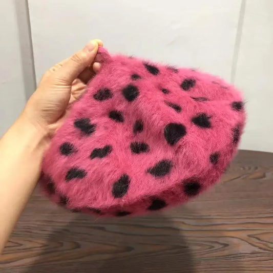 Elegant Rabbit Fur Spotted Leopard Beret for Women