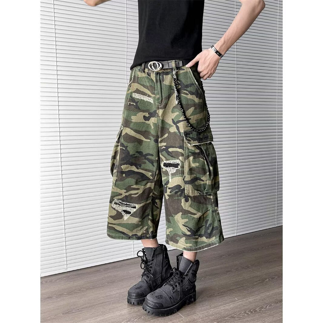 Destruction Camouflage Denim Wide Leg Cropped Pants