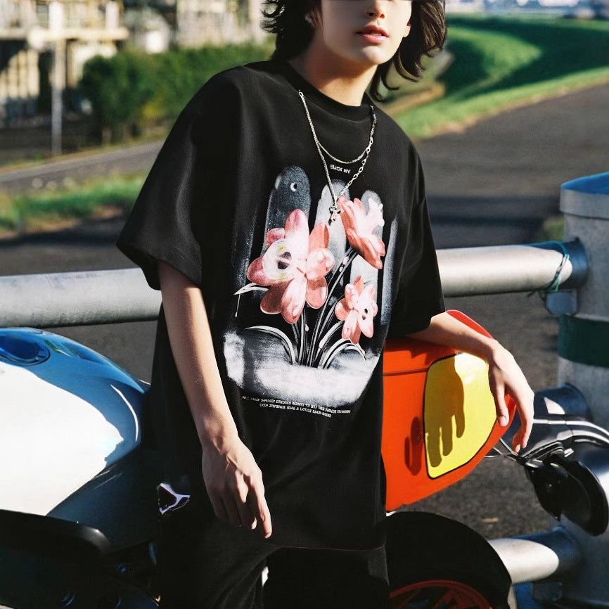 Retro Floral Print Ripped Short Sleeve Tee for Men