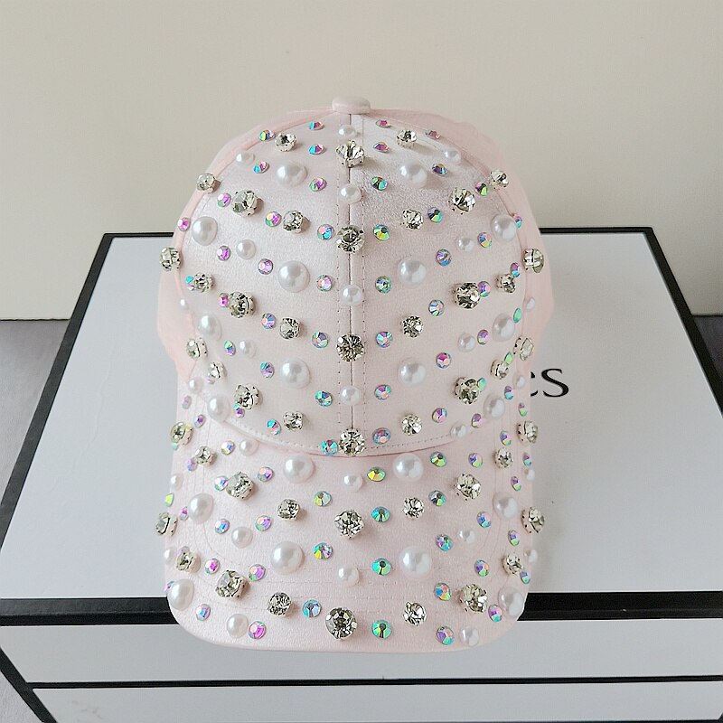 Harajuku Style Rhinestone Pearl Baseball Hat - White Pink