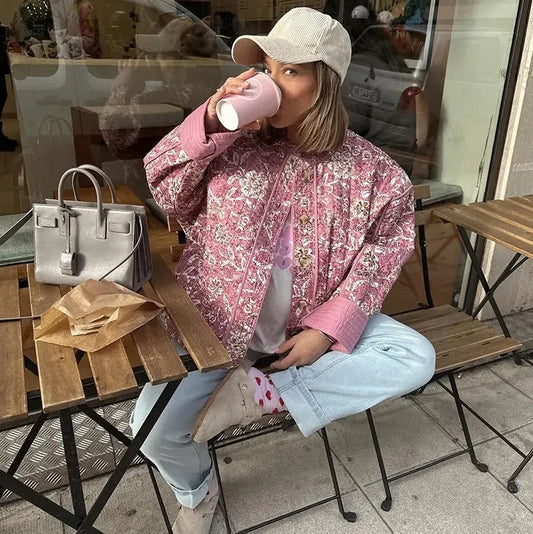 Harajuku Style Elegant Printed Quilted Coat for Women