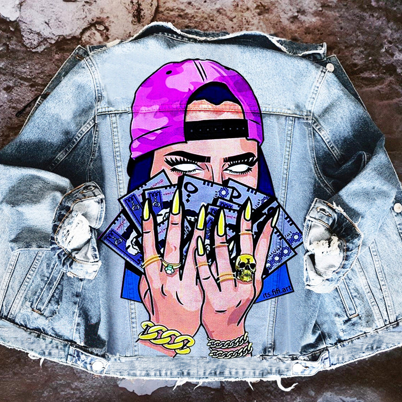 Harajuku Style Tongue Out Print Denim Jacket for Women