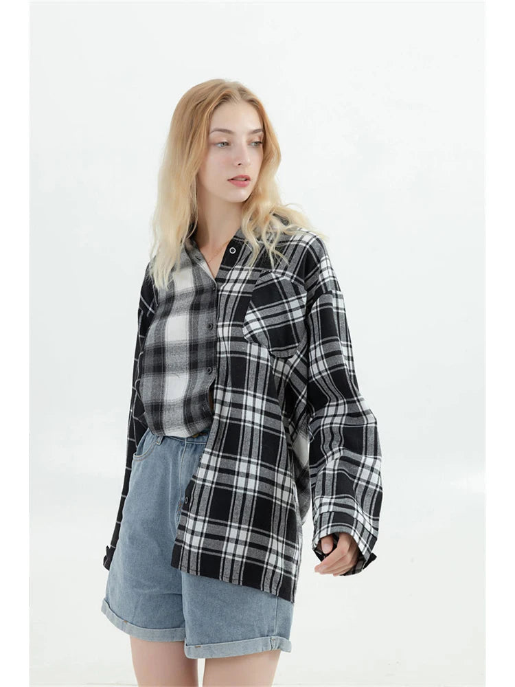 Oversized Plaid Patchwork Blouse - Harajuku Vintage Shirt