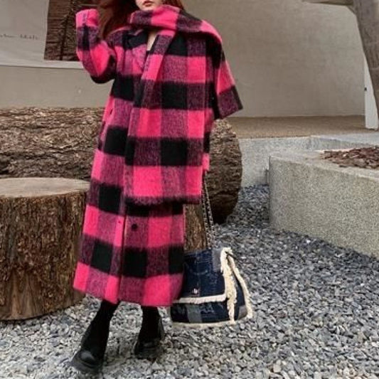 Loose Fit Plaid Woolen Coat for Women - Harajuku Style