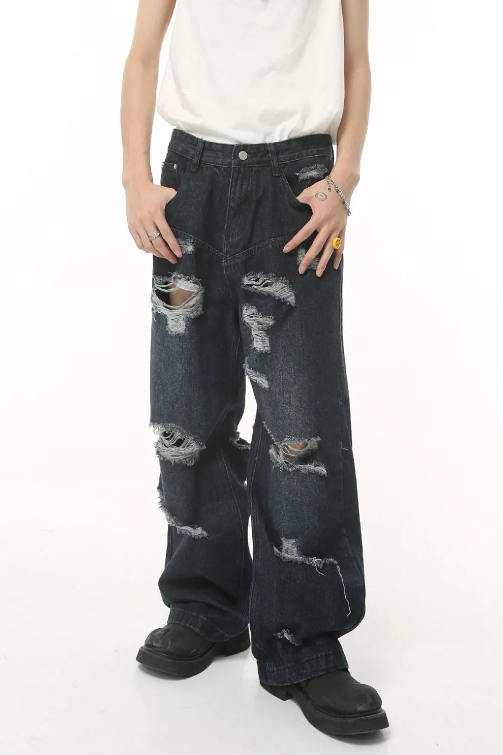 Distressed Wide Leg Pocketed Men's Jeans - Harajuku Style