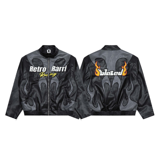 Harajuku Style Flame Letter Embroidery Leather Jacket