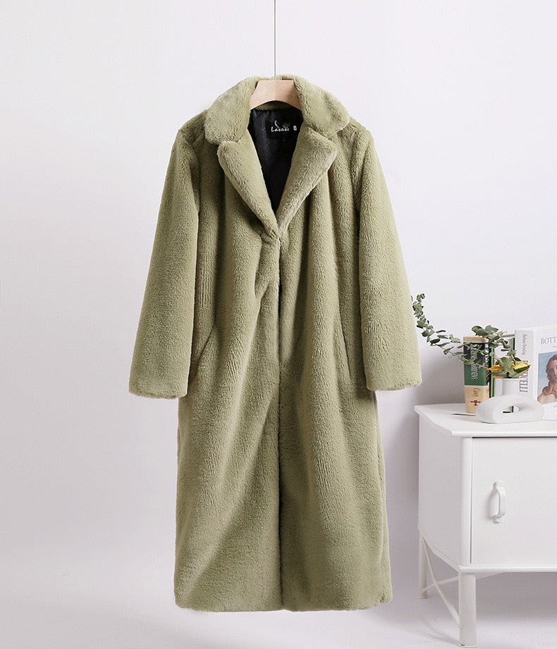 Mid-Length Mink Velvet Faux Fur Coat with Furry Collar