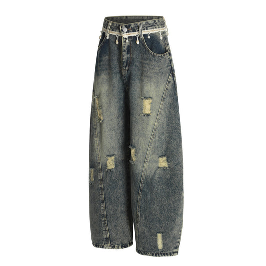 Punk Retro Distressed Denim Wide-Leg Pants for Men