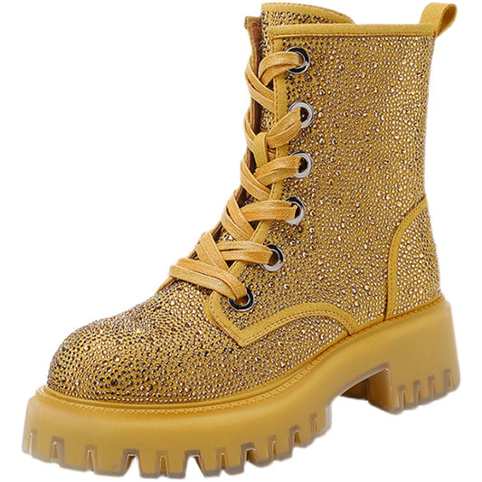 Harajuku Style Rhinestone Martin Boots - Thick Bottom Design