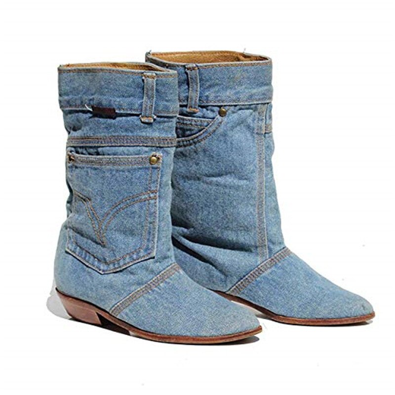 Playful Low Heel Denim Cowboy Boots for Women
