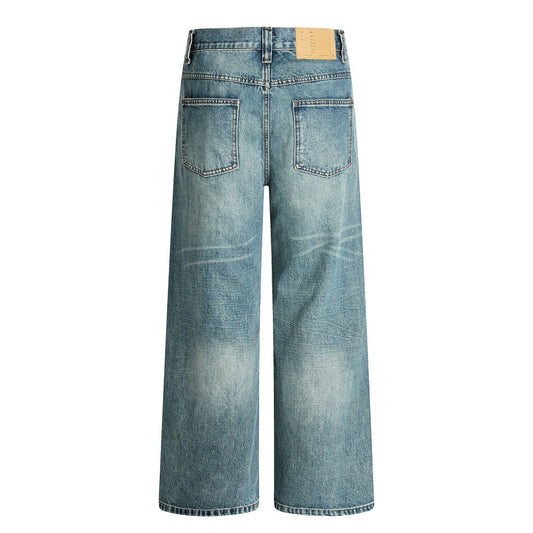 Playful Hole-Washed Denim Wide-Leg Pants for Men