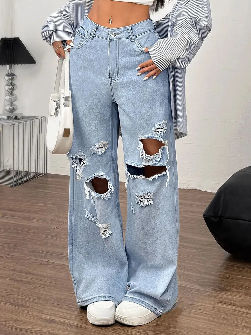 Distressed Wide Leg Jeans with Pockets - Harajuku Style
