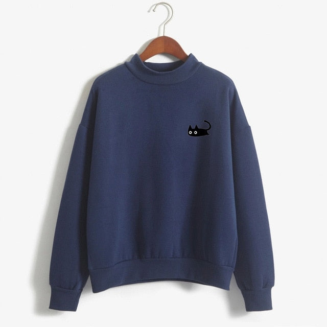 Kawaii Black Cat Turtleneck Sweatshirt for Women