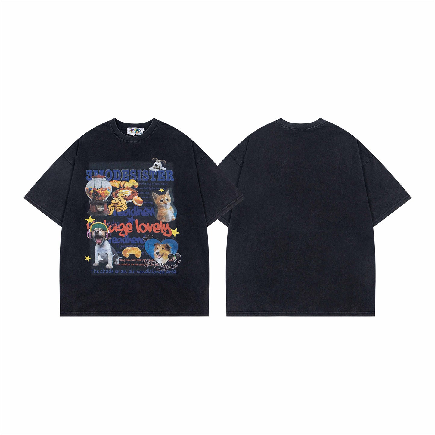 Retro Washed Fun Pet Print T-Shirt - Unisex Casual Top