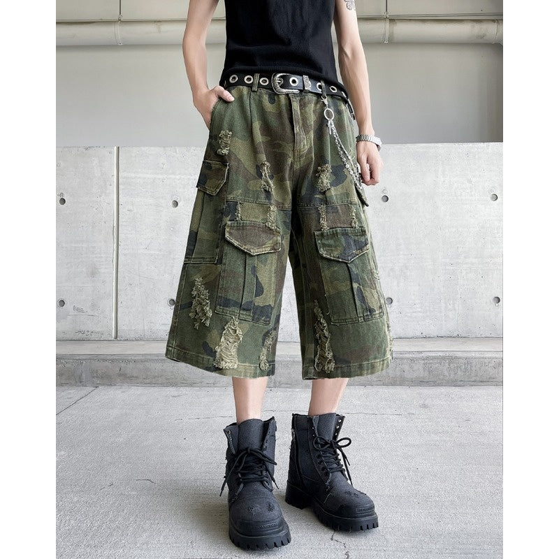 Washed Pocket Workwear Camouflage Seven Quarter Casual Shorts
