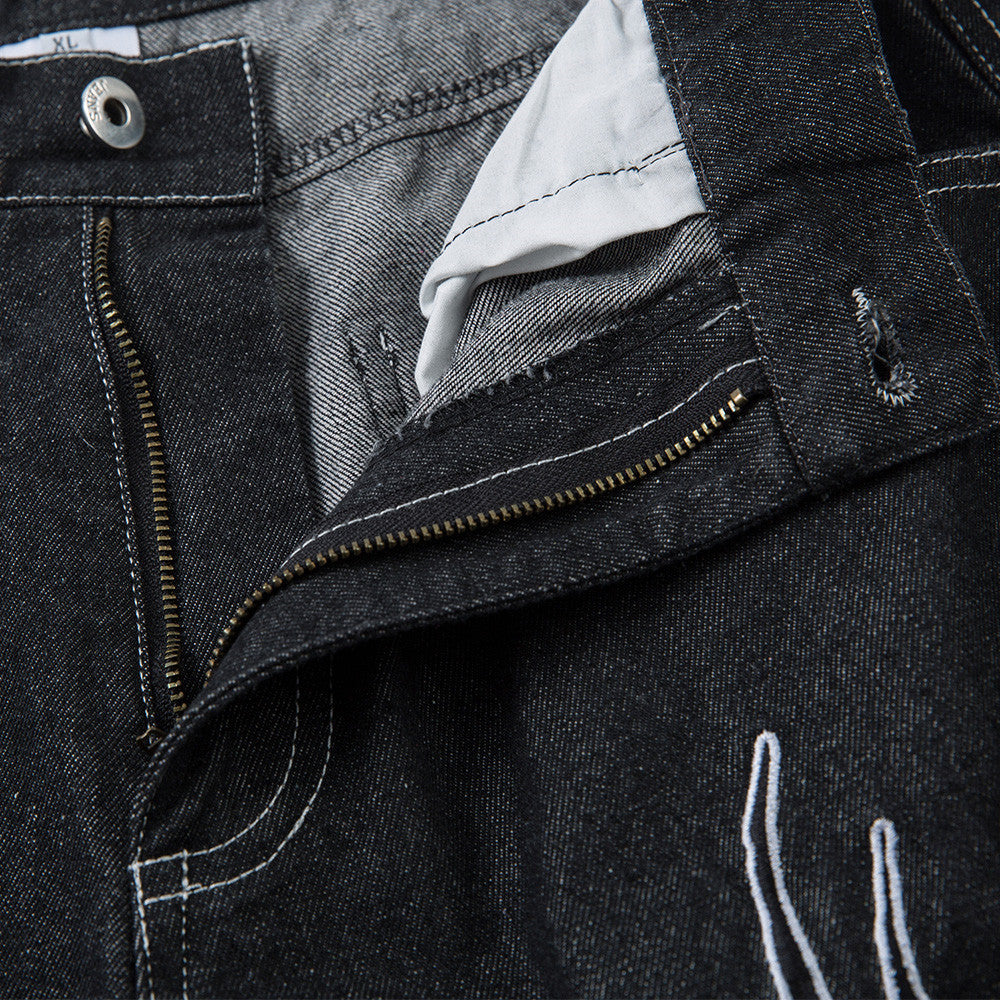 Harajuku Style Thorns Embroidery Wide Leg Denim Trousers