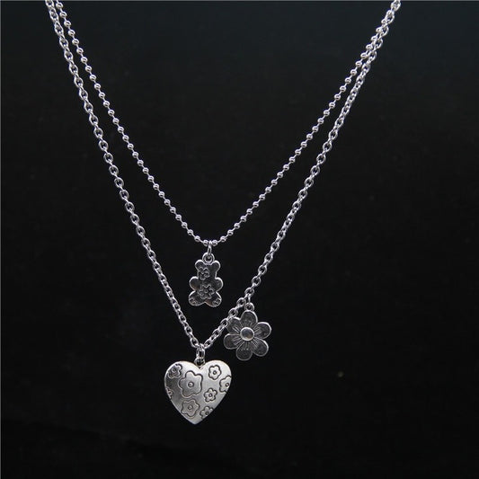 Punk Rock Flower Bear Heart Pendant Necklace for Women