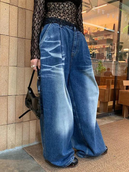 Harajuku Style Loose Pleated Wide Leg Jeans for Women