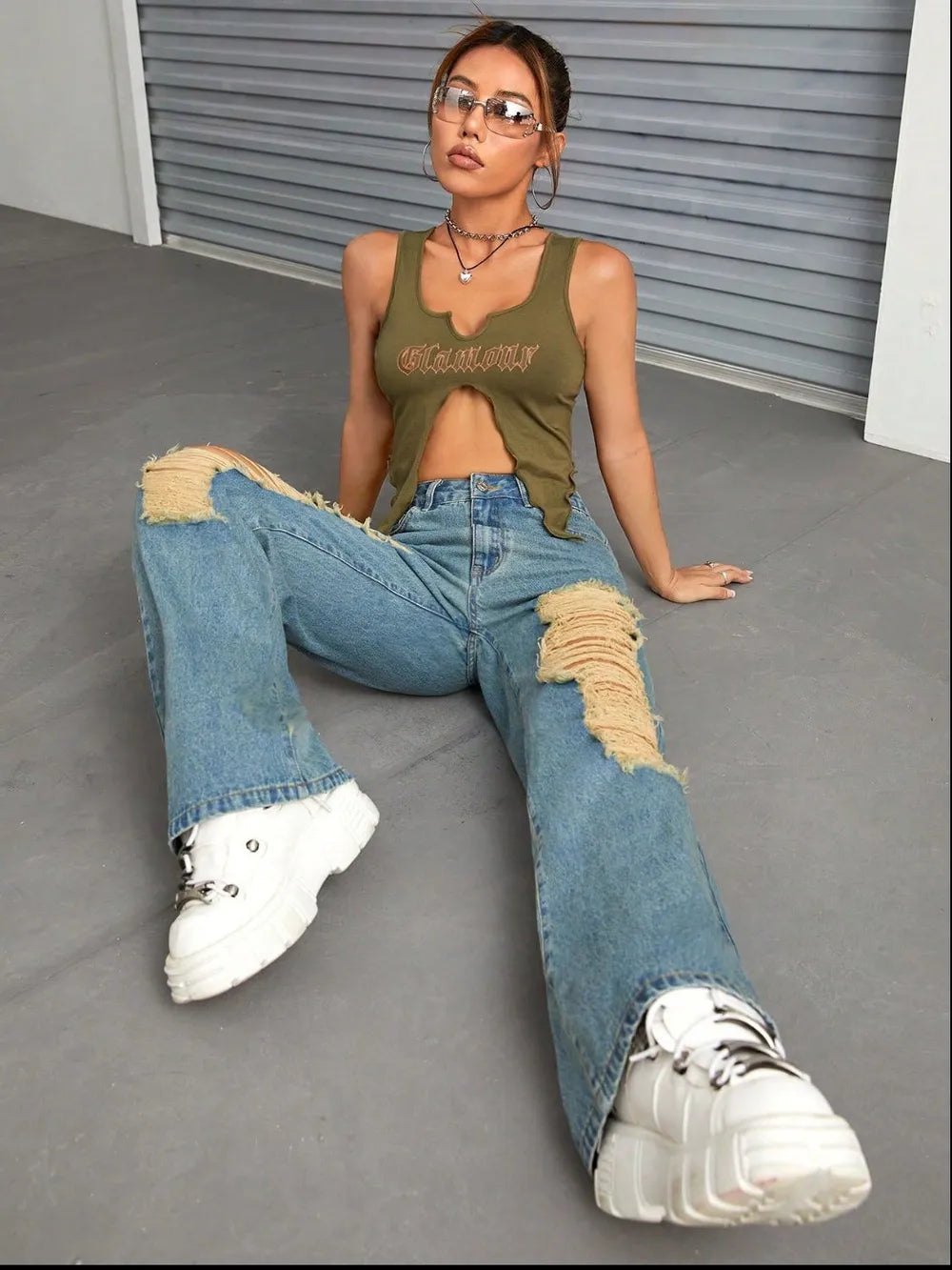 Distressed Wide Leg Jeans with Pockets - Harajuku Style