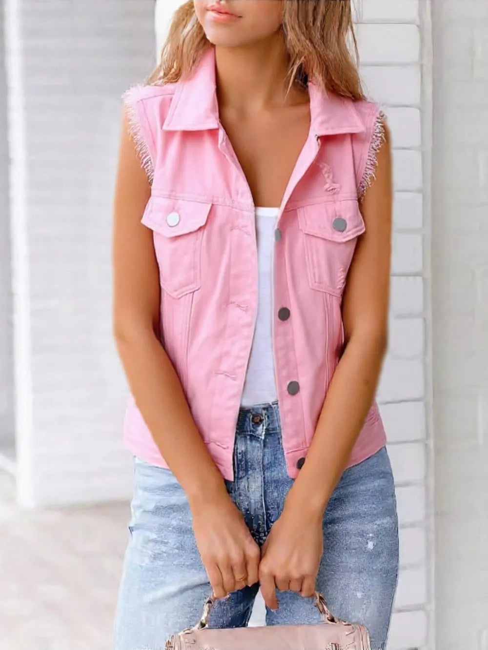 Button Down Raw Hem Sleeveless Denim Jacket Plus Size