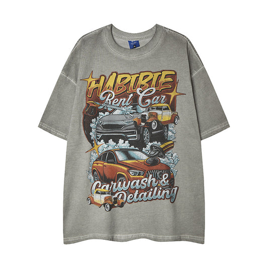 Retro Car Print Short Sleeve T-Shirt - Harajuku Style