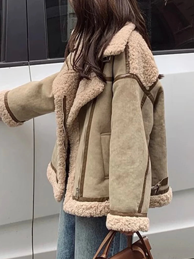 Harajuku-Inspired Green Fur and Lamb Wool Jacket for Women
