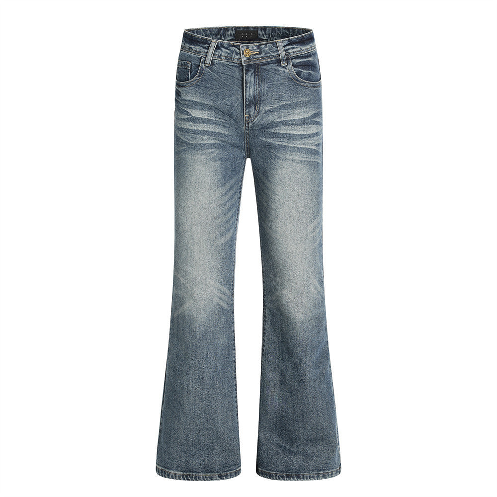 Vintage Washed Denim Flare Pants for Men with Unique Pocket Design